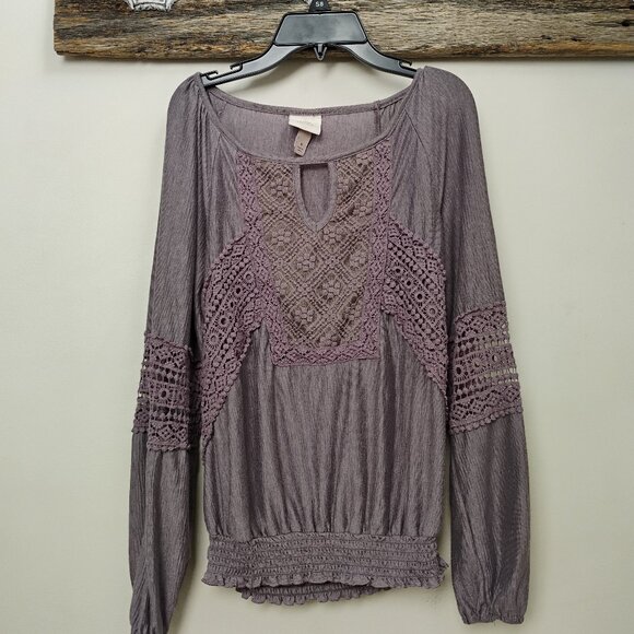 Knox Rose Boho Lace Blouse Small – Dusty Mauve Crochet Inset Peasant Top Romanti - Picture 1 of 5